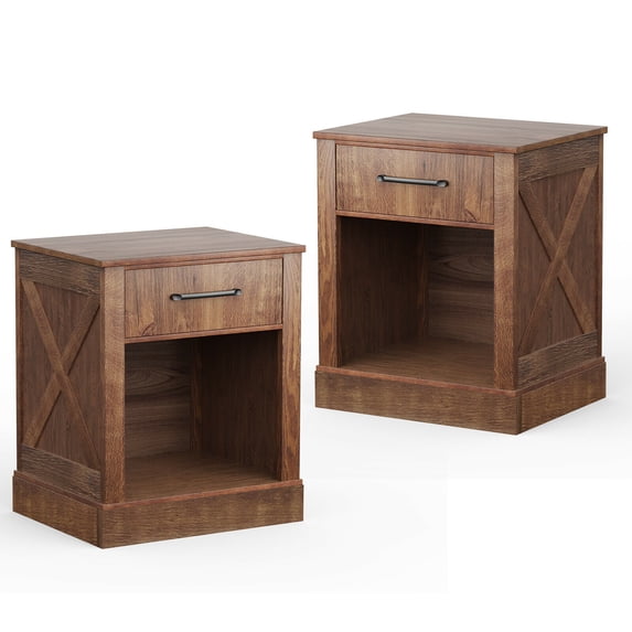 Gymax 2PCS Nightstand with Drawer and Shelf Rustic Wooden Bedside Table Bedroom Brown