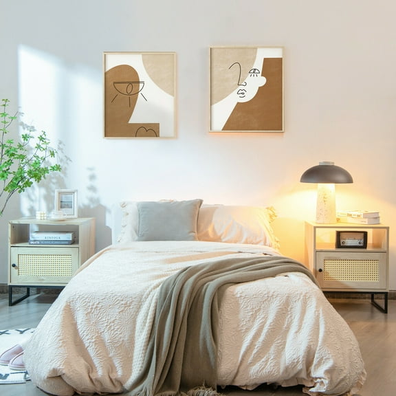 Gymax 2PCS Oak Nightstand w/ Cabinet Wooden Side End Table Rattan Decorated Door