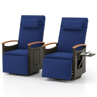 Gymax 2PCS Outdoor 360° Swivel Rattan Recliner Chair Patio Wicker Chaise Lounge Chair Navy