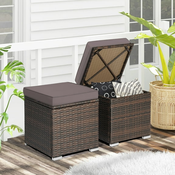 Gymax 2PCS Outdoor Patio Ottomans Hand-Woven PE Wicker Footstools w/ Removable Cushions Grey