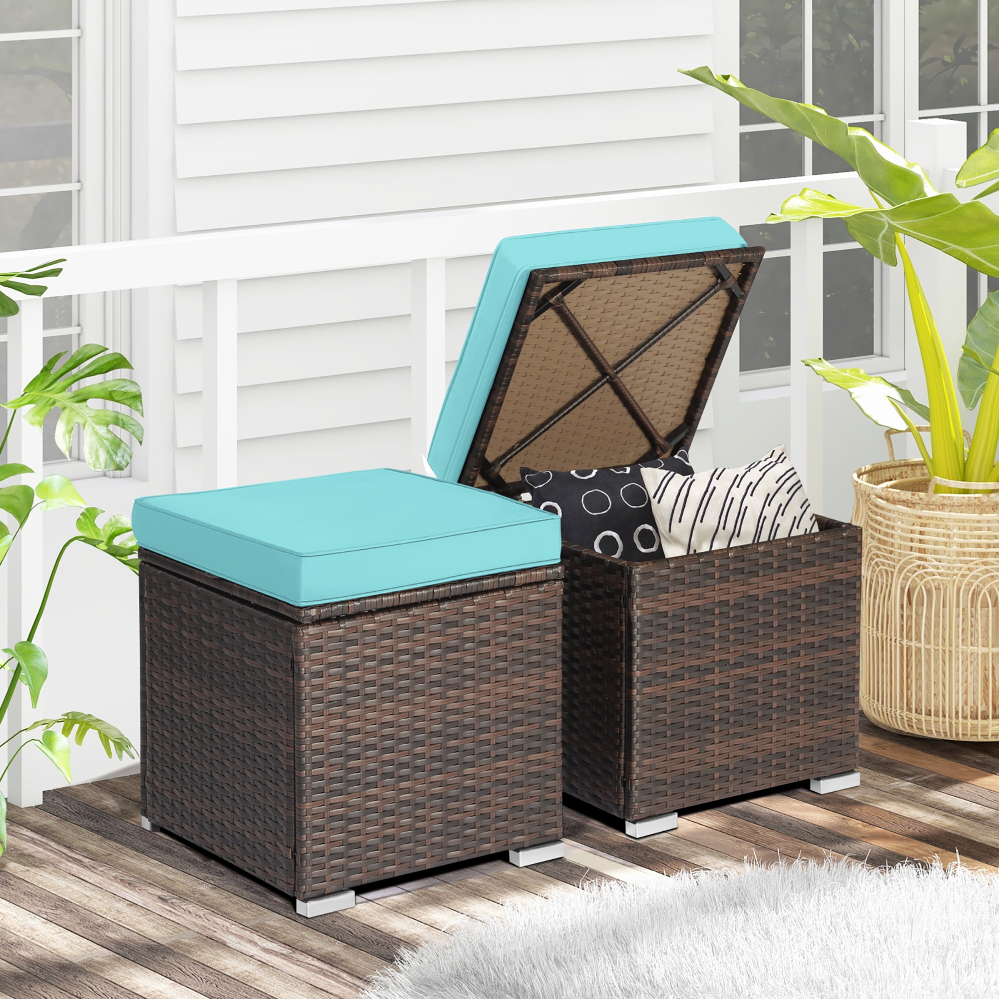 Gymax 2PCS Outdoor Patio Ottomans Hand-Woven PE Wicker Footstools w/ Removable Cushions ...