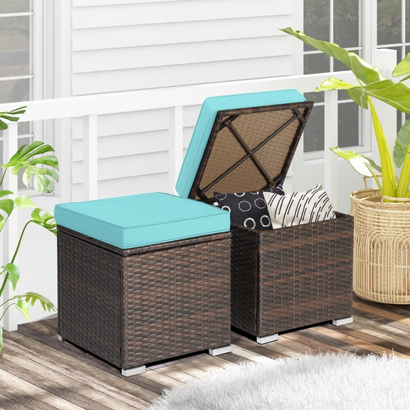 Gymax 2PCS Outdoor Patio Ottomans Hand-Woven PE Wicker Footstools w/ Removable Cushions Turquoise