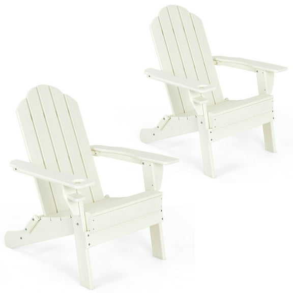 Gymax 2PCS Patio Folding Adirondack Chair Weather Resistant Cup Holder Yard White