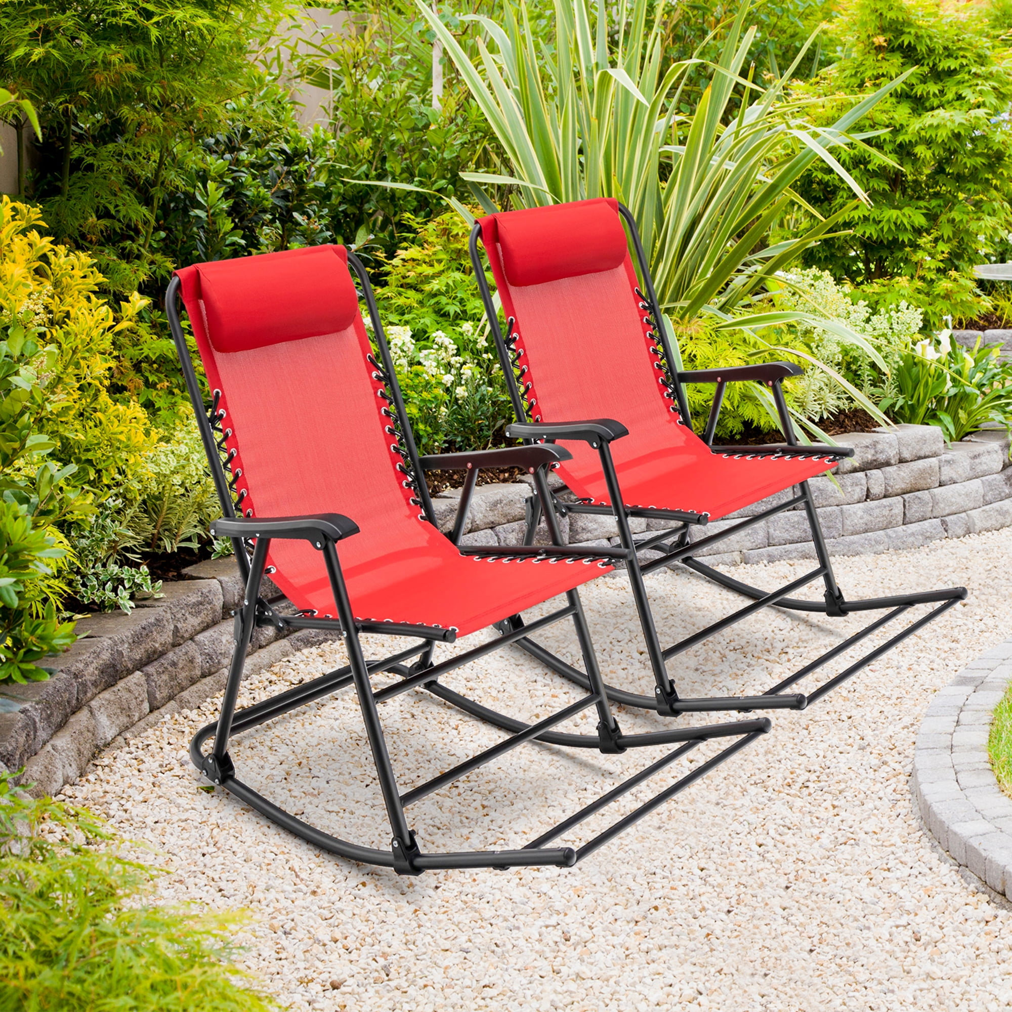 Gymax 2PCS Patio Folding Rocking Chair Outdoor Portable Lounge Rocker Blue 