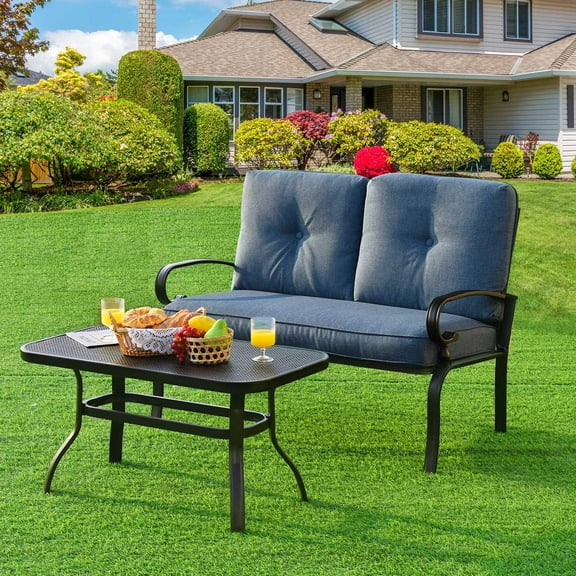 Gymax 2PCS Patio Loveseat & Table Set Conversation Sofa Set w/ Blue Cushions