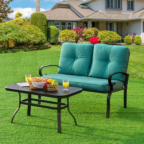 Gymax 2PCS Patio Loveseat & Table Set Conversation Sofa Set w/ Turquoise Cushions