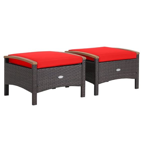Gymax 2PCS Patio Ottomans Wooden Handles Rattan Knitting Foot Pedal Red