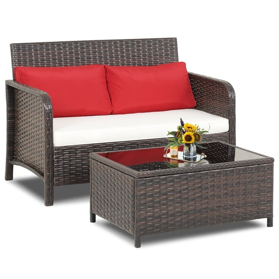 Gymax 2PCS Patio PE Wicker Rattan Loveseat Sofa Set w/ Coffee Table & Cushions
