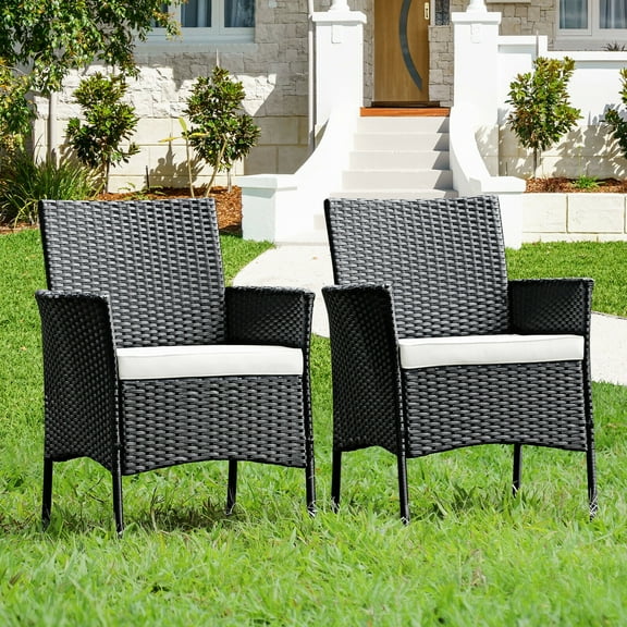 Gymax 2PCS Patio Rattan Arm Dining Chair Cushioned Sofa Furniture Black