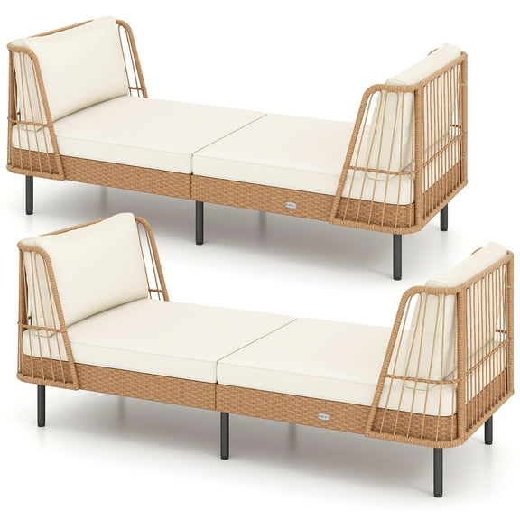 Gymax 2PCS Patio Wicker Daybed w/Seat Back Cushions Robust Metal Legs For Backyard