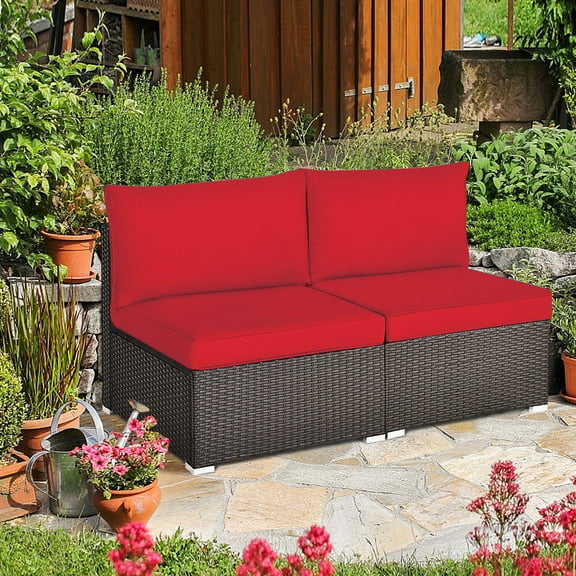 Gymax 2PCS Patio Wicker Rattan Sectional Armless Chair Sofa w/ Red Cushion