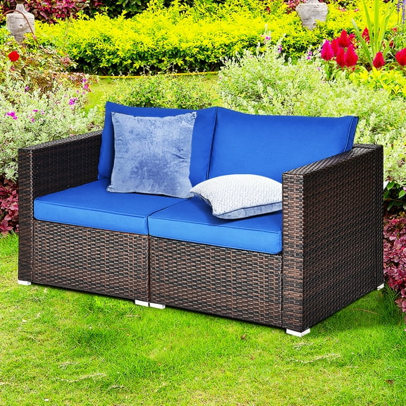 Gymax 2PCS Rattan Corner Sofa Set Patio Outdoor Furniture Set w/ 4 Navy Cushions