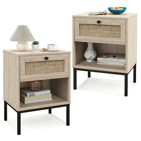 Costway - 2PCS Rattan Nightstand Boho End Table with  Drawer & Open Shelf for Living Room - Oak
