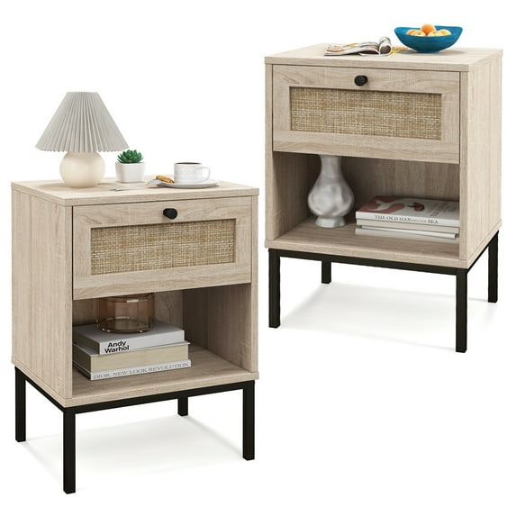 Gymax 2PCS Rattan Nightstand Boho End Table w/ Drawer & Open Shelf for Living Room Oak