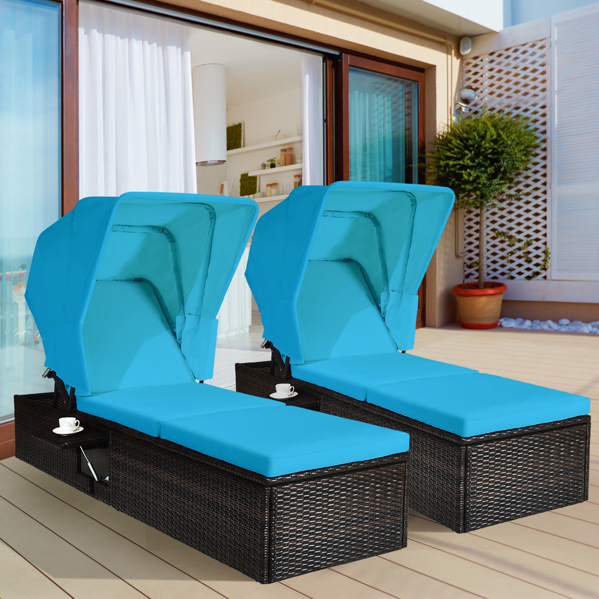 Gymax 2PCS Rattan Patio Chaise Lounge Chair W/ Adjustable Canopy Turquoise Cushion - image 1 of 10