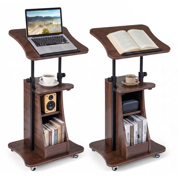 Gymax 2PCS Rolling Podium Stand Height Adjustable Lectern Table w/ Tilting Tabletop Brown