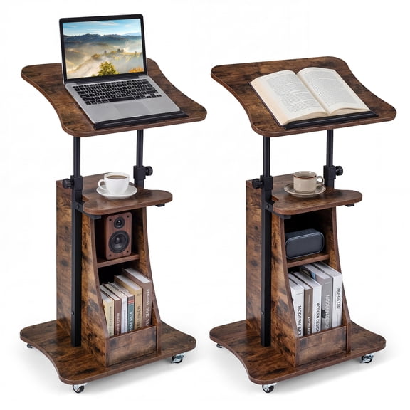 Gymax 2PCS Rolling Podium Stand Height Adjustable Lectern Table w/ Tilting Tabletop Rustic Brown