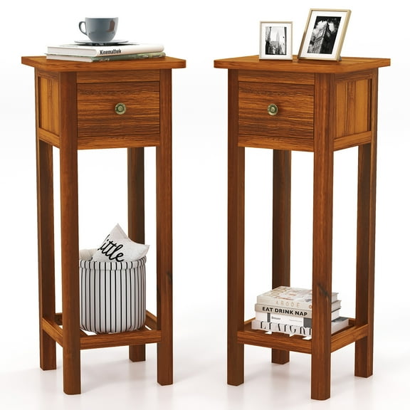 Gymax 2PCS Solid Wood Side Table Home Rectangular Sofa Side Table w/ Acacia Wood Top Telephone Table