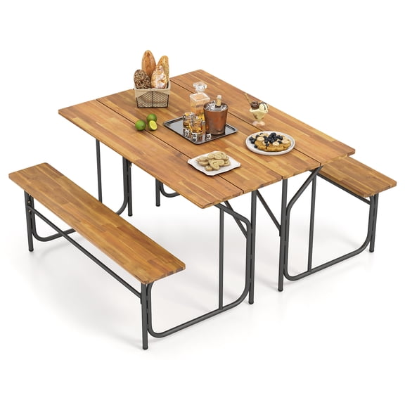 Gymax 2PCS Table Bench Set for 2 Picnic Table & Loveseat w/Acacia Wood Top Metal Legs