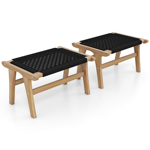 Gymax 2PCS Teak Ottoman Footstool w/ Handwoven Cordage for Patio Porch Balcony Lawn