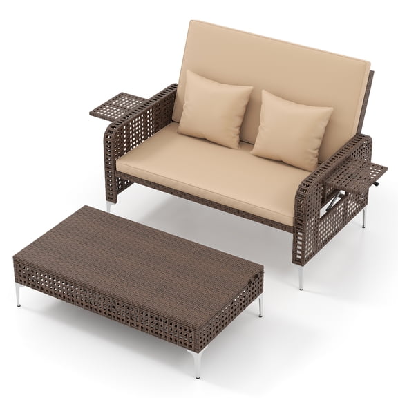 Gymax 2PCS Wicker Loveseat & Storage Ottoman w/ 4-Level Backrest & Soft Cushion Beige