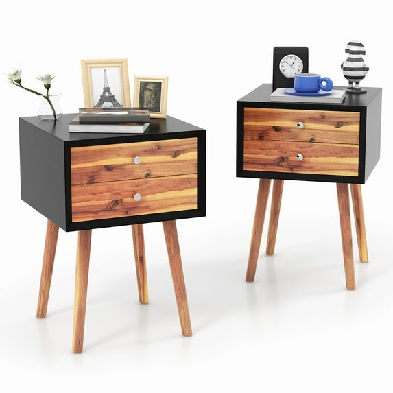 Gymax 2PCS Wooden Nightstand Mid-Century End Side Table Living Room W/2 Storage Drawer