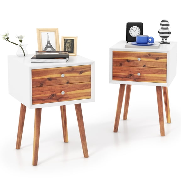 Gymax 2PCS Wooden Nightstand Mid-Century End Side Table W/2 Storage Drawers Brown