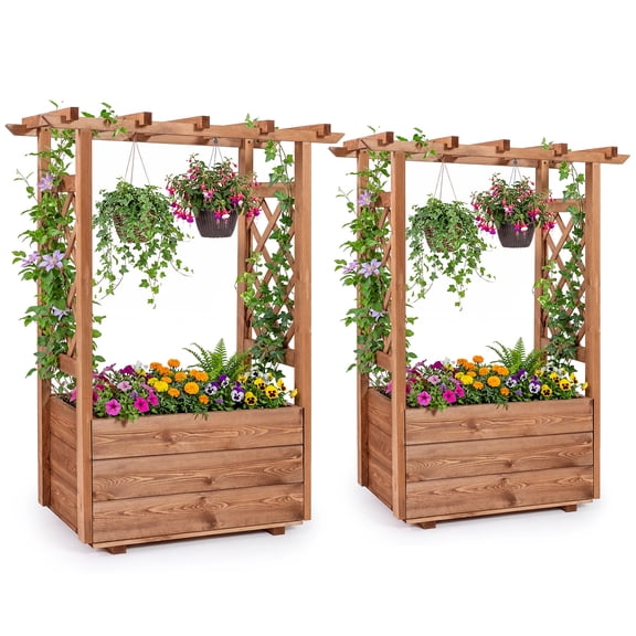 Gymax 2PCS Wooden Raised Garden Bed/ Lattice Trellises Hanging Roof Drainage Outdoor