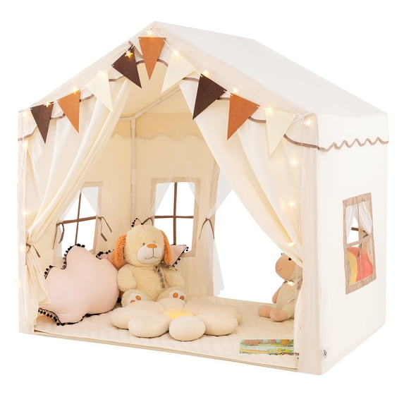 Gymax 3-4 Kids Large Play Tent House w/ 2 Opening Doors Star Lights & Plaid Pennants Beige