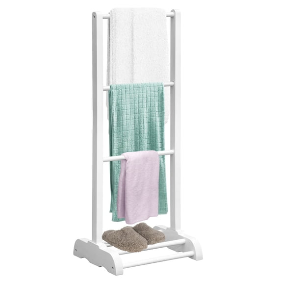 Gymax 3-Bar Acacia Wood Towel Rack Freestanding Bathroom w/ Bottom Storage Shelf White