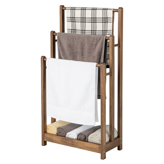 Gymax 3-Bar Freestanding Towel Rack w/ Bottom Storage Shelf Anti-toppling Device Rustic Brown