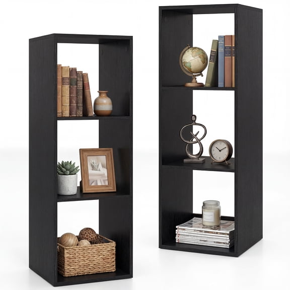 Gymax 3-Cube Open Back Bookcase Set of 2 w/ Anti-tip Kit Modern Style Organizer Black