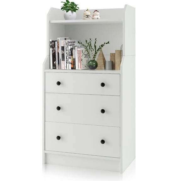 Gymax 3-Drawer Dresser 44'' Tall Wood Storage Organizer Chest w/ 2 Open Shelves White