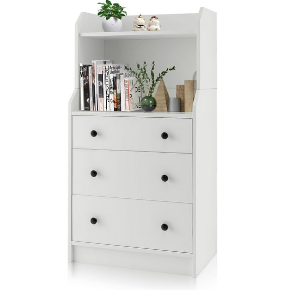 Gymax 3-Drawer Dresser 44'' Tall Wood Storage Organizer Chest w/ 2 Open Shelves White