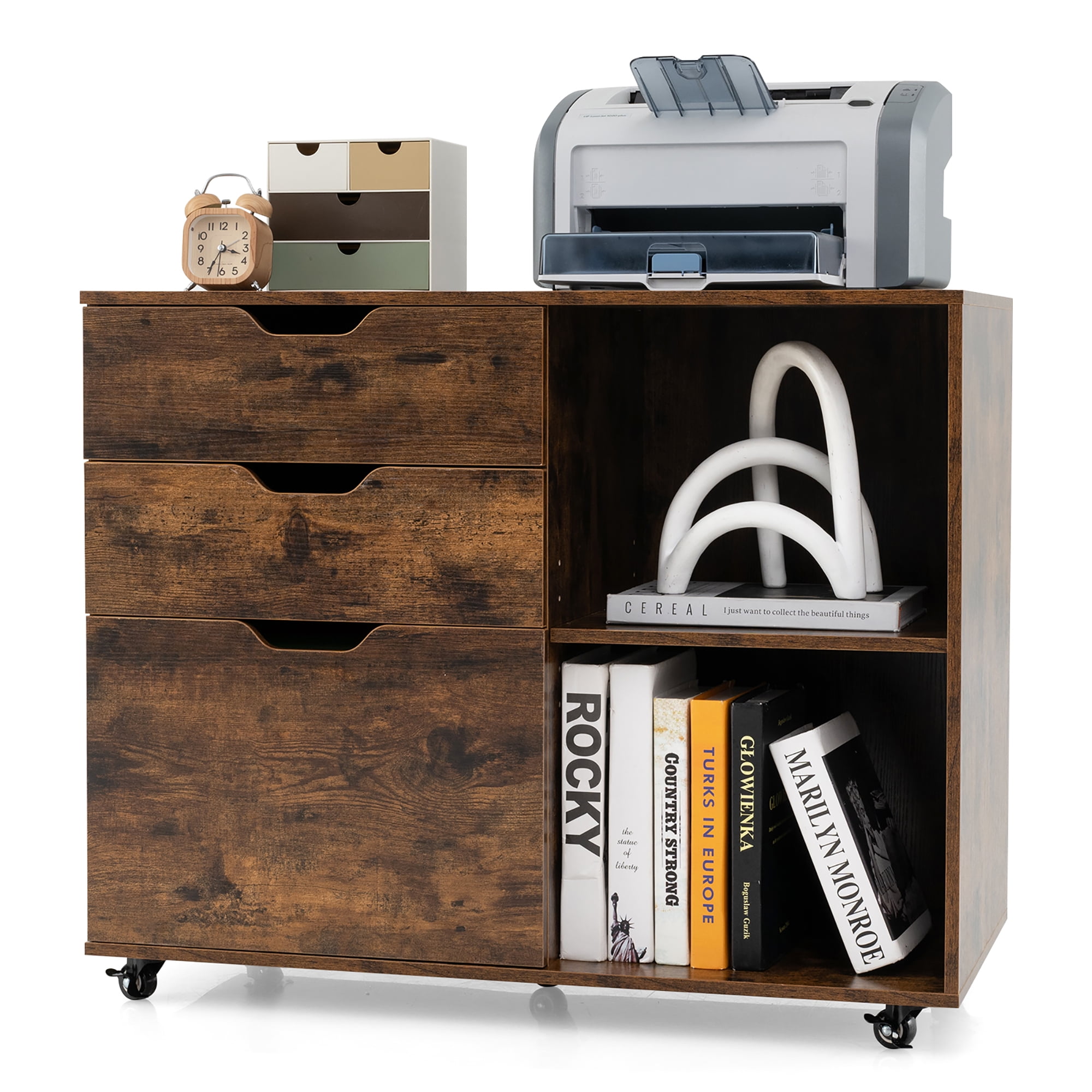 Gymax 3-Drawer Mobile File Cabinet w/ Open Adjustable Storage Shelf for Ho me Office Rustic Brown