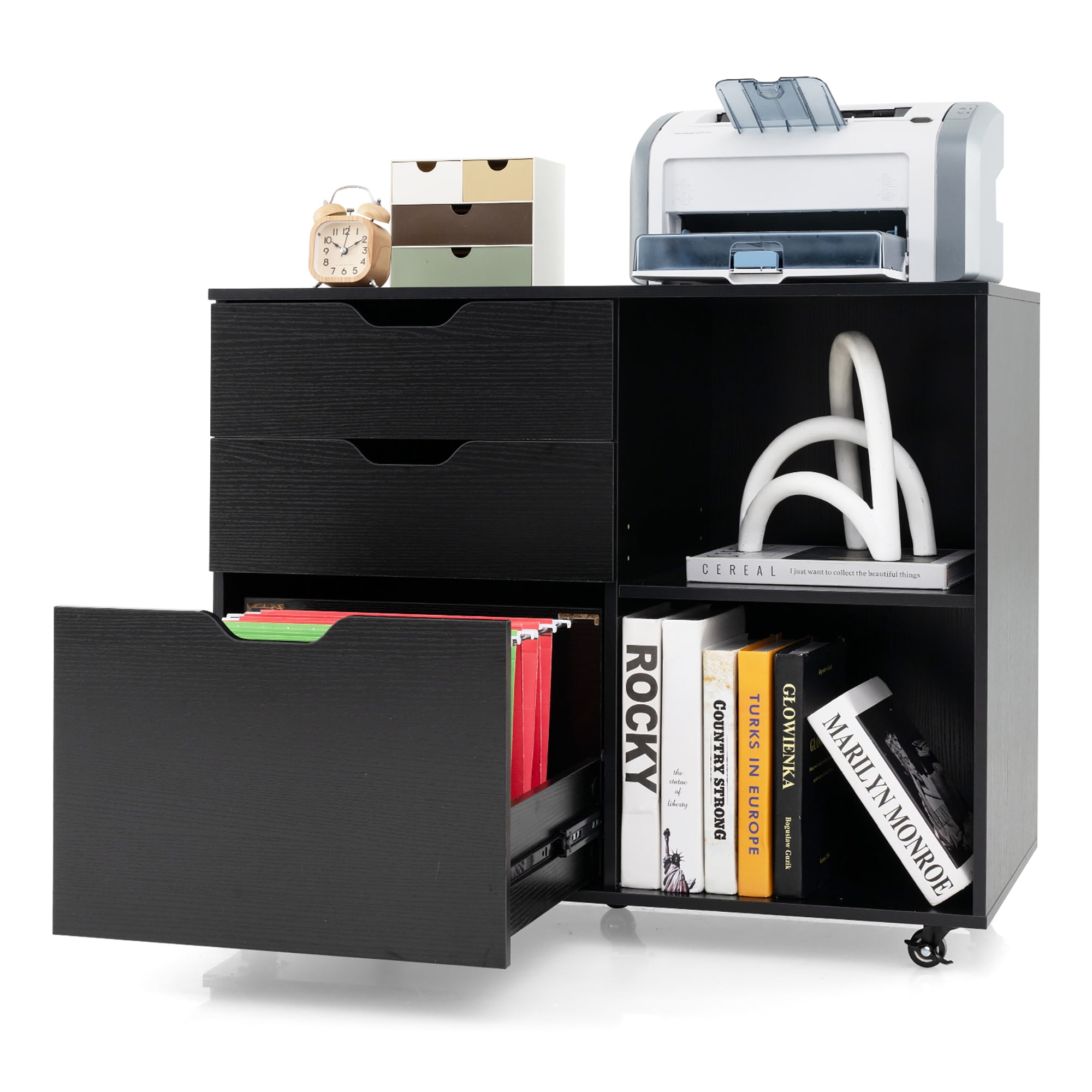 Gymax 3-Drawer Mobile File Cabinet w/ Open Adjustable Storage Shelf for Home Office Black
