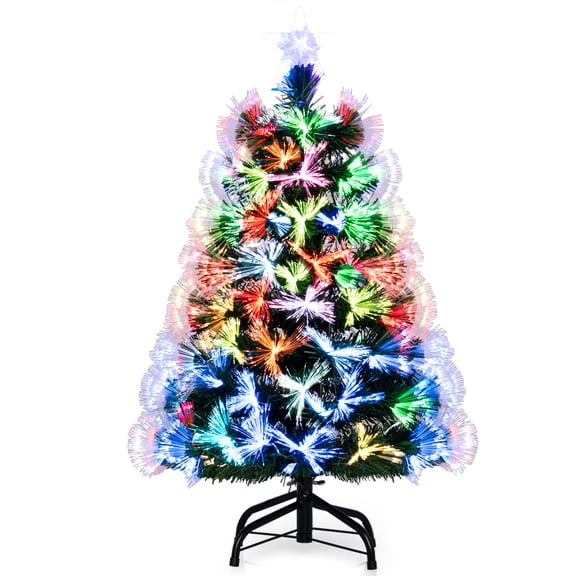 Gymax 3 FT Fiber Optic Christmas Tree w/93 Branch Tips Topper Star Folding Metal Stand Green