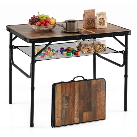 Gymax 3 FT Folding Camping Table w/Adjustable Heights Storage Net & Carry Handle