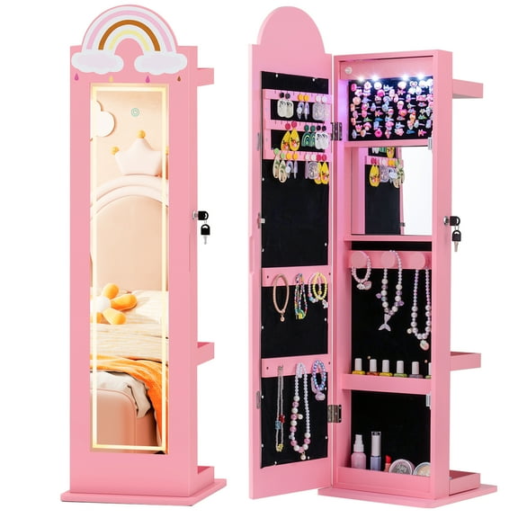 Gymax 3 In 1 Kids Jewelry Cabinet w/3-Color Lighted Full Length Mirror Clothes Rack Pink