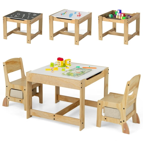 Gymax 3-In-1 Kids Table & Chairs Set w/Reversible Whiteboard/Chalkboard Top Hidden Storage Natural