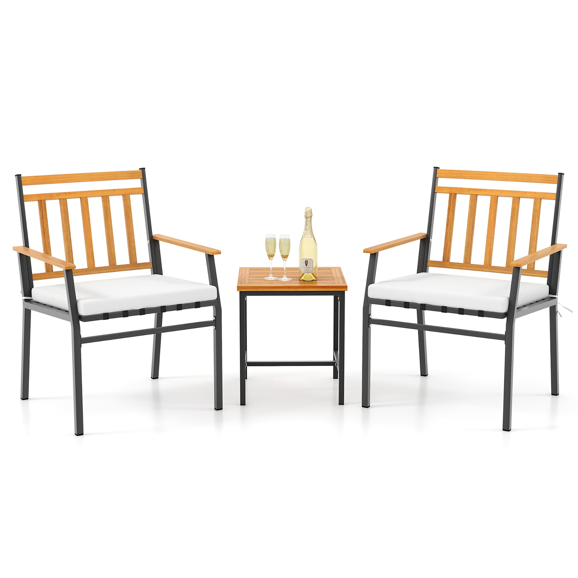 Acacia Wood and Metal 3-Piece Patio Set with Off-White Cushions