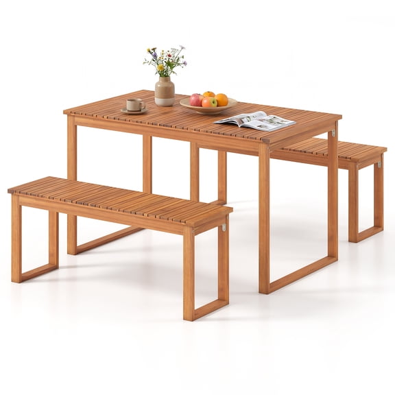 Gymax 3 PCS Acacia Wood Picnic Set 43.5'' Outdoor Dining Table w/2 Benches for Yard