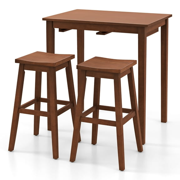 Gymax 3 PCS Bar Table Set w/ 1 Table 2 Bar Stools Wood Veneered Tabletop Dining Room
