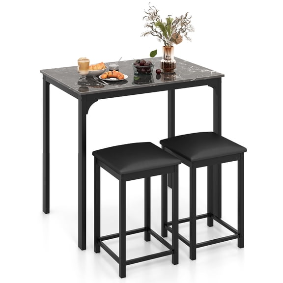 Gymax 3 PCS Counter Height Dining Set Faux Marble Table & 2 Chairs Kitchen Bar New Black