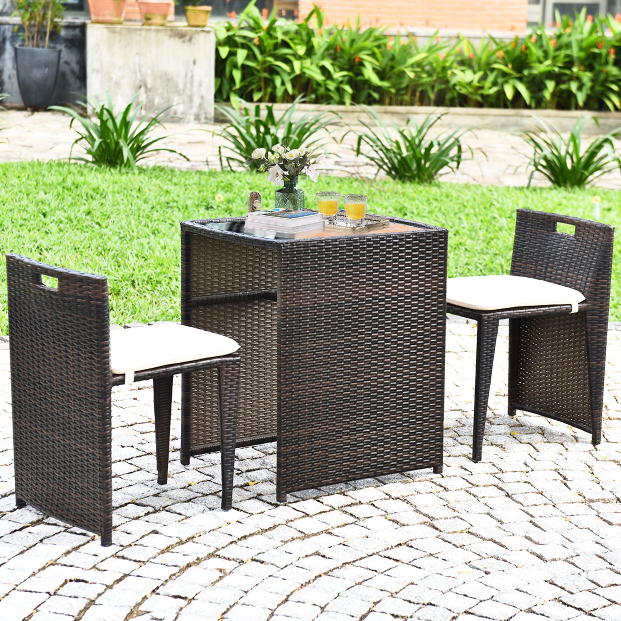 Compact Brown Wicker Outdoor Patio Set with Cushions and Glass Table