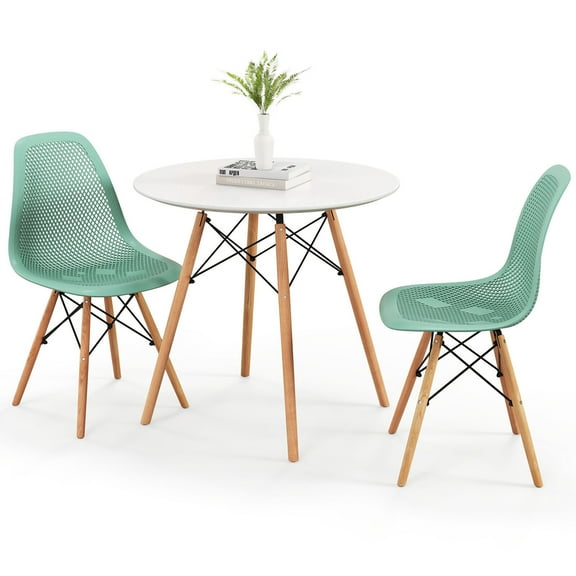 Gymax 3 PCS Dining Table Set for 2 Persons Modern Round Table & 2 Chairs w/ Wood Leg White & Green