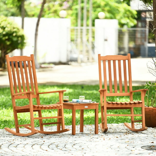 Gymax 3 PCS Eucalyptus Rocking Chair Set W/ Coffee Table 2 Wood Conversation Chairs