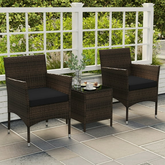 Gymax 3 PCS Outdoor Conversation Set w/ Cushioned Seat & Tempered Glass Tabletop Black