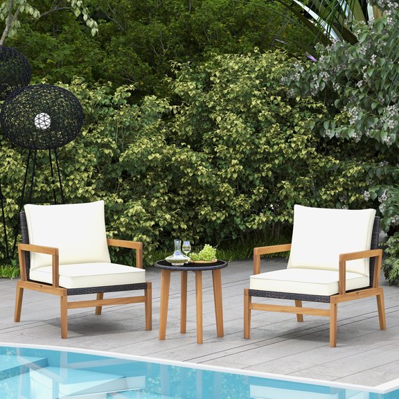 Gymax 3 PCS Patio Chair Set Wicker Chair & Side Table Set w/ Tempered Glass Tabletop