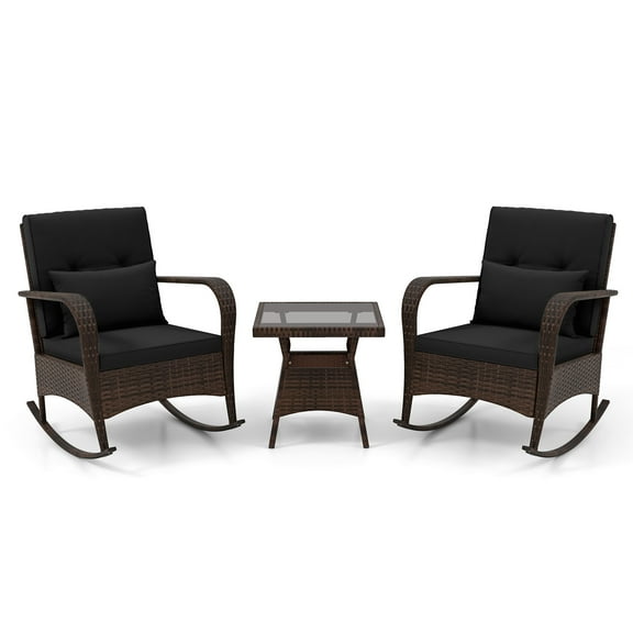 Gymax 3 PCS Rocking Bistro Set w/Removable Cushions & Tempered Glass Top Coffee Table